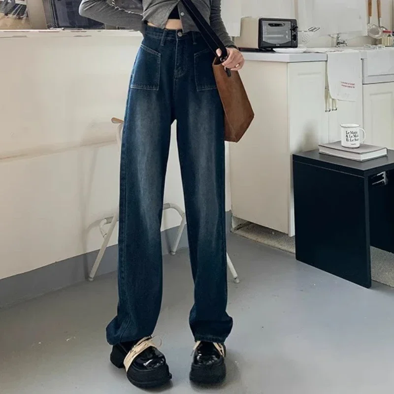 Jean en denim pleine longueur pour femme, poches, style coréen vintage, streetwear décontracté, collège, printemps, commconsulAll-match, harajuku