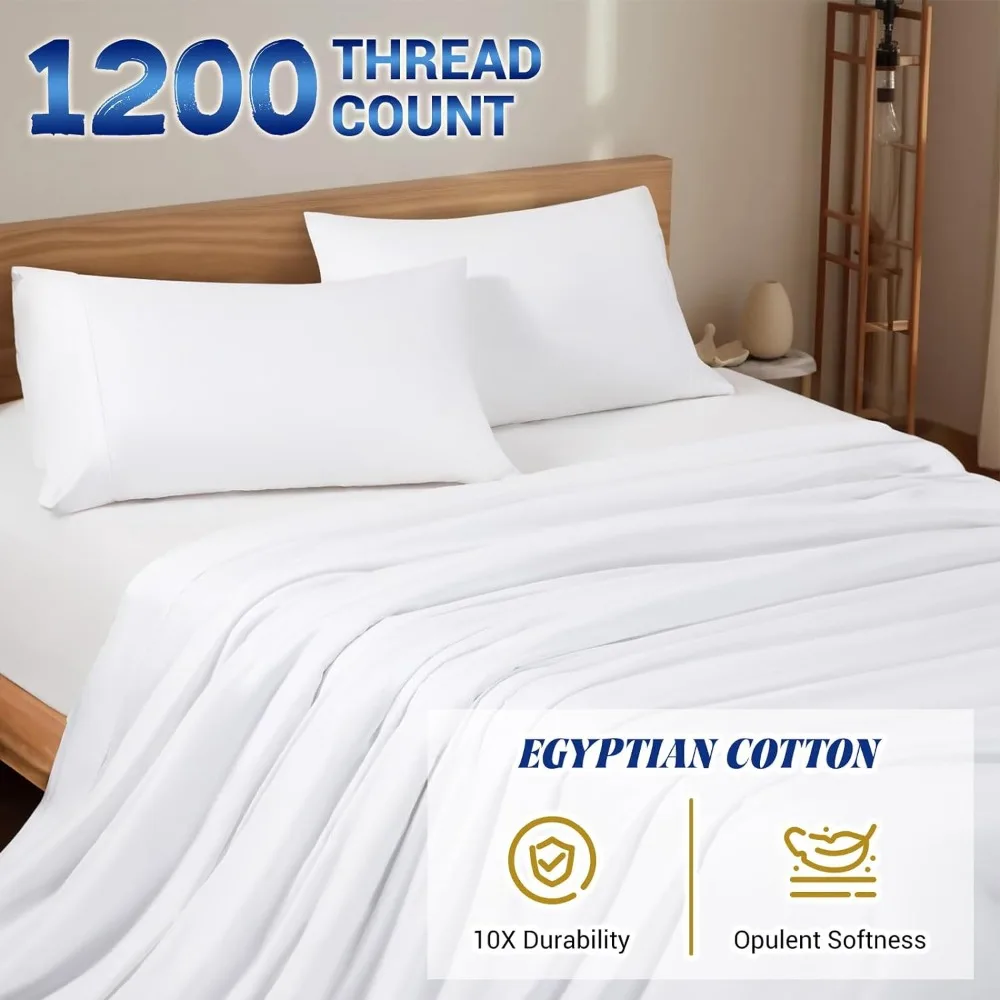 Breathable & Cooling Mattress Topper 1200 Thread Count Cotton Sheets Set Sabanas King Size 16 Inch Deep Pocket - 4 Piece (White