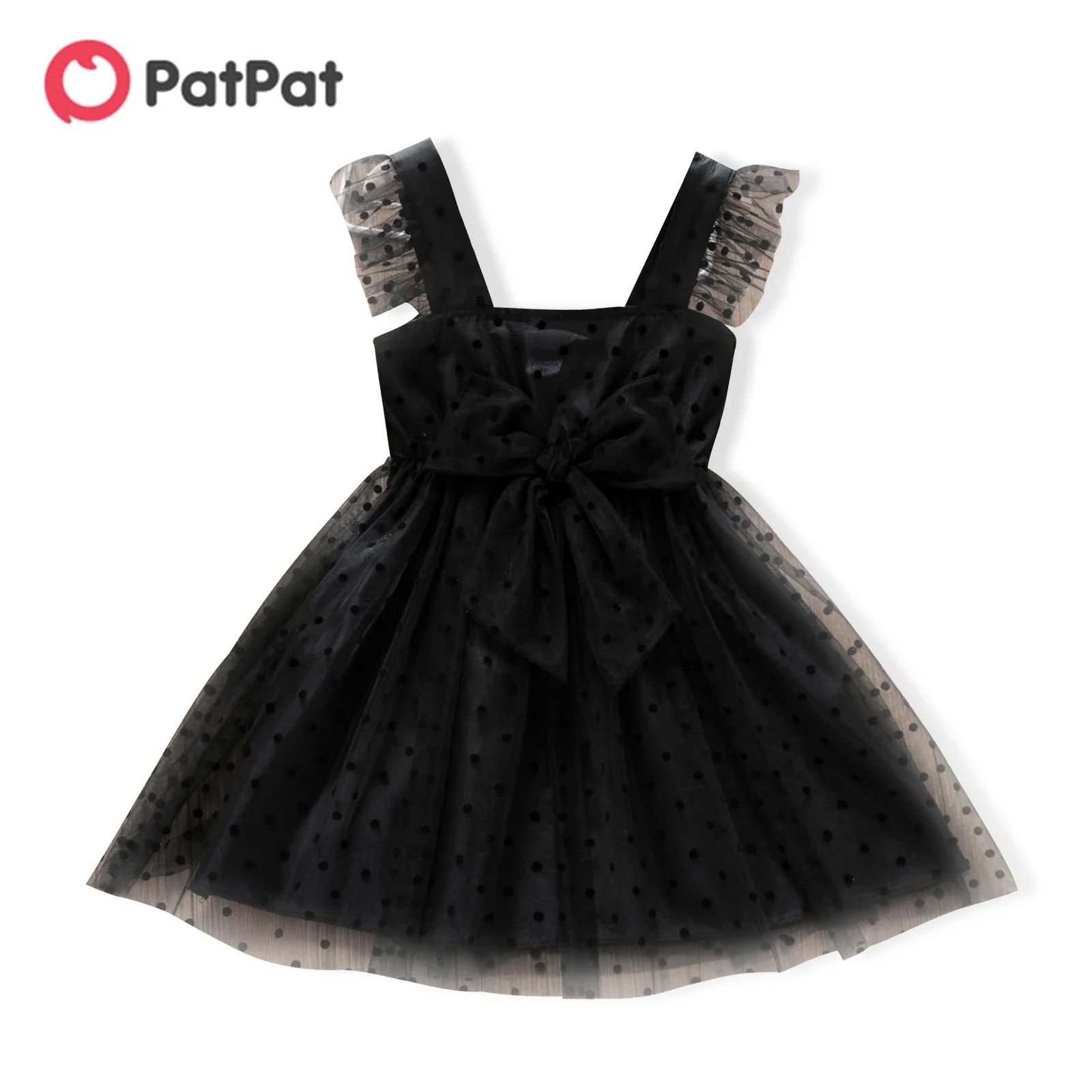 PatPat Toddler Girl Polka dots Square Neck Bowknot Mesh Design Cami Dress Suitable for Summer Season Soft and Comfortable