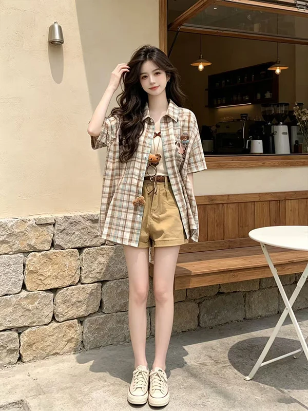 Korean Fashion Versatile Plaid Shirt Women Summer New Loose Age-Defying Top Strap Match Short Pants Three-Piece Set