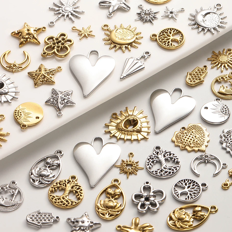 6 piezas de colgantes a granel que no se decoloran, con diseños de Wicca, Ojo Turco, Sagrado Corazón, Cruz Gótica, Estrella, Sol y Árbol de la Vida, para fabricación de joyas