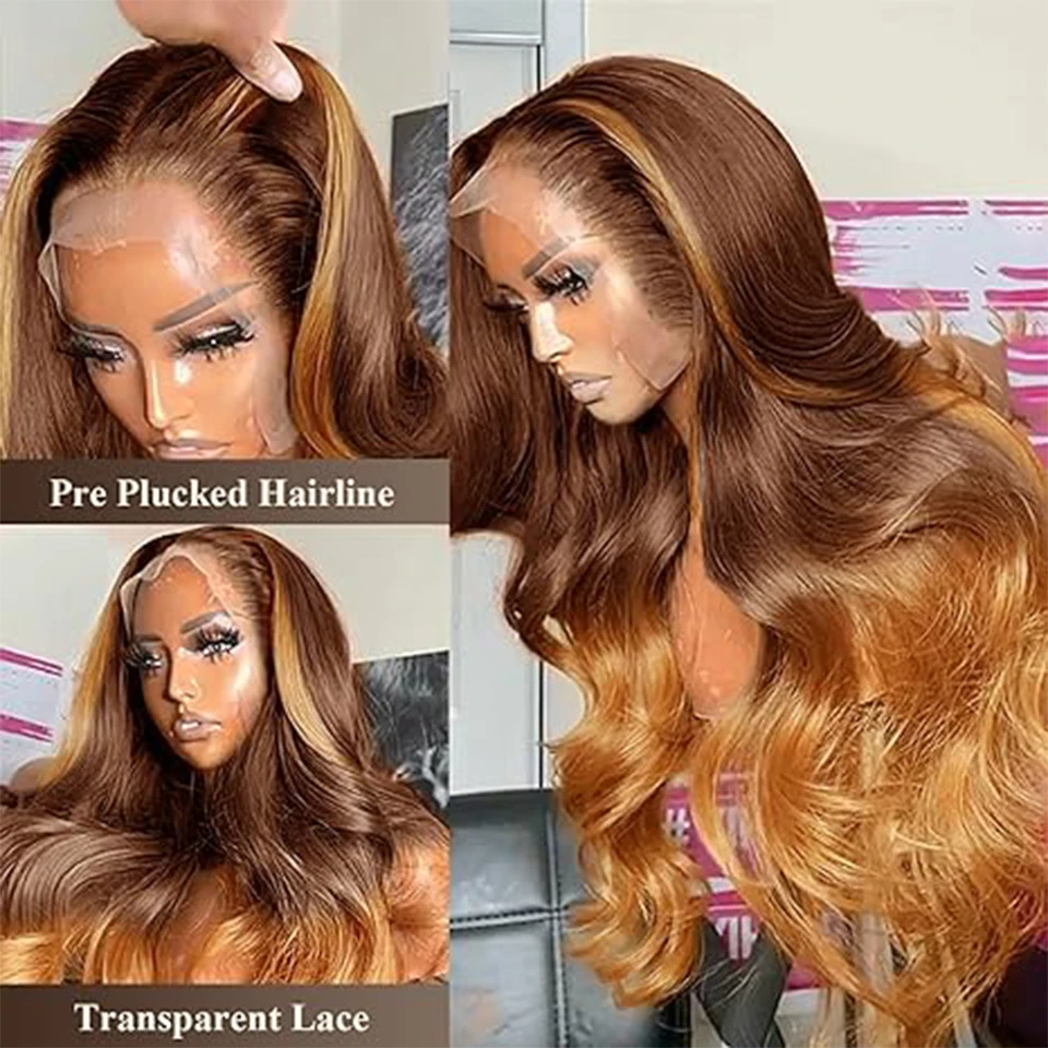 Ombre Brown Colored Body Wave Hairstyle Human Hair Wigs For Black Women Brazilian Pre-Plucked 4x4 Lace Closure Wig Bleach Knots