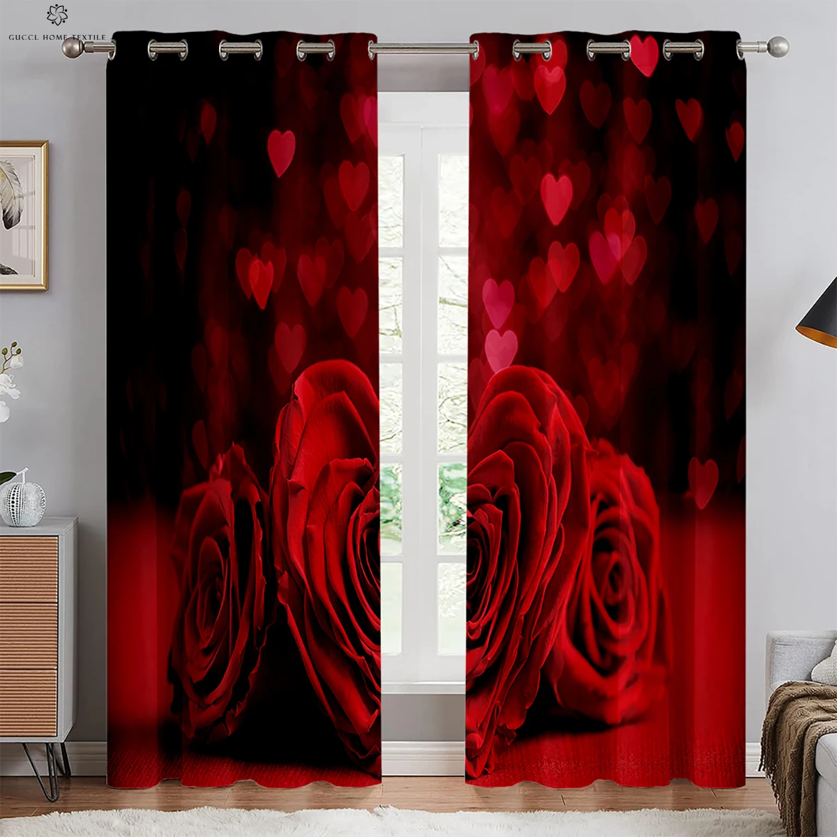 

Red Rose Flower Curtains, Window Decoration, Retro Floral, 3D Printing, Custom, Bedroom, Living Room, Kitchen 2PCS