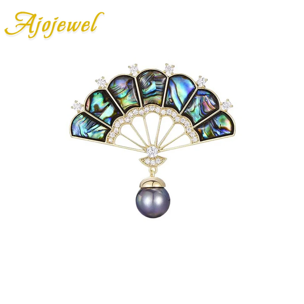 

Ajojewel Artificial Shell Pearl Chinese Fan Brooch With Imitation Pearl Charm High Fashion Sense Cloth Pins For Cheongsam