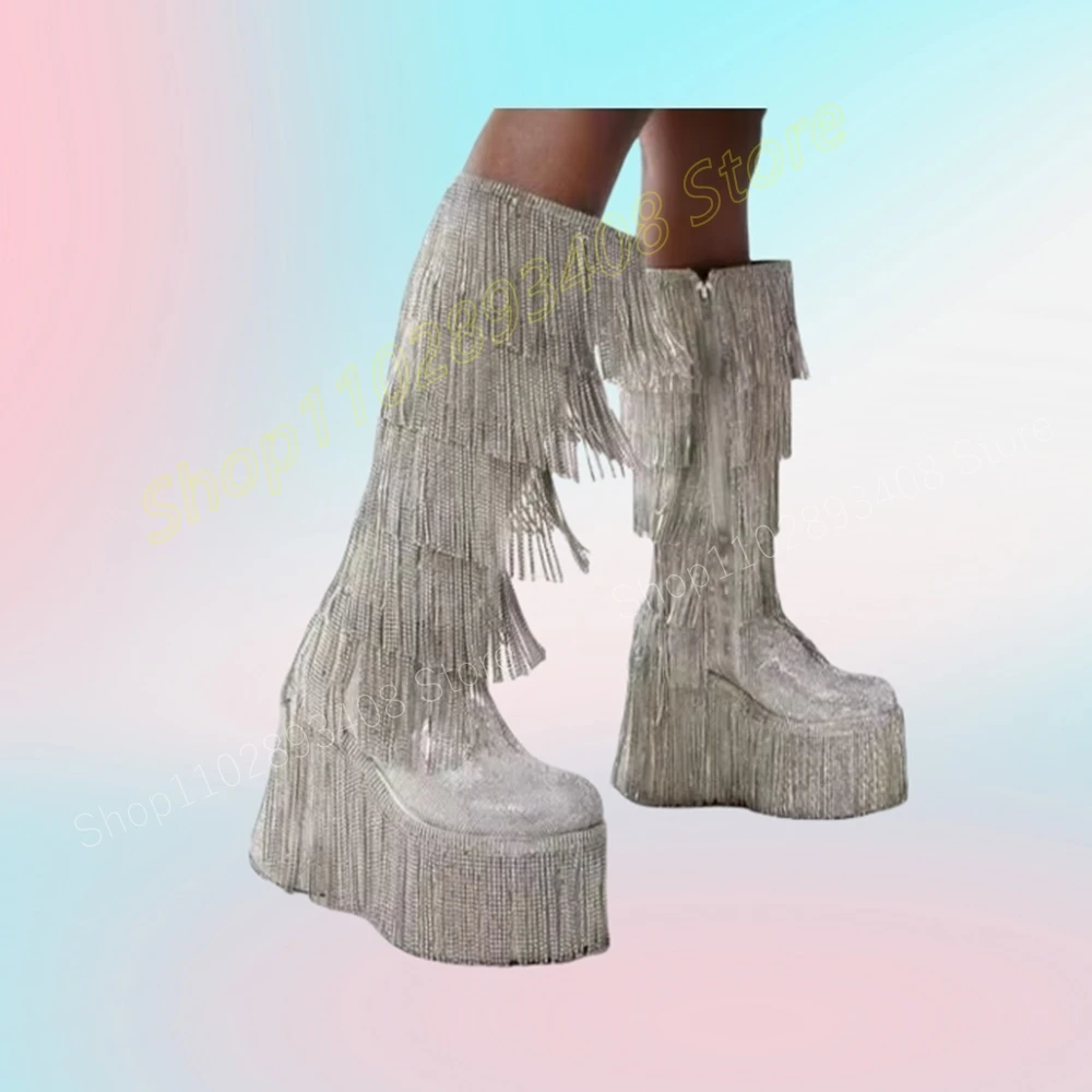 Sliver Glitter Crystals Chain Mid Calf Boots Round Toe Thick Soled Wedges High Heel Party Women Shoes 2024 Zapatos Para Mujere