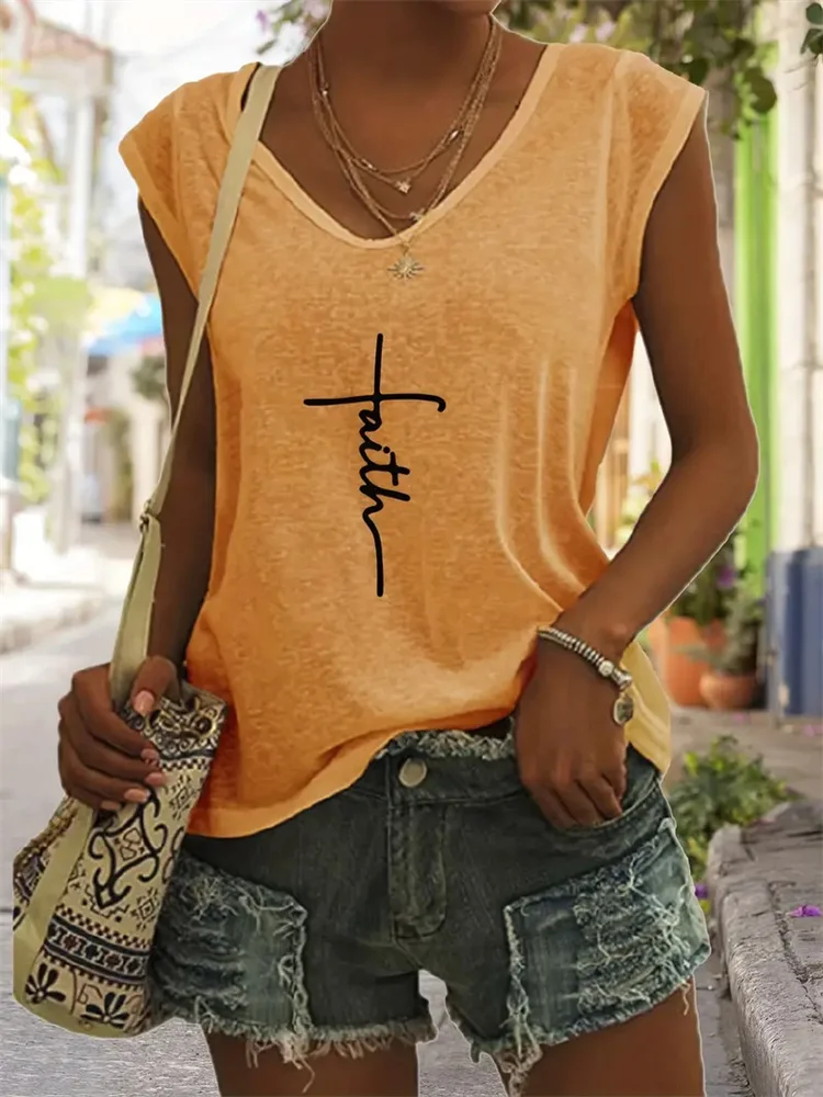 

2024 Top Women's Summer Women's V Neck Vest Simple Cross Pattern Printed T Shirt Fashion Women's Casual Sleeveless Tank Top