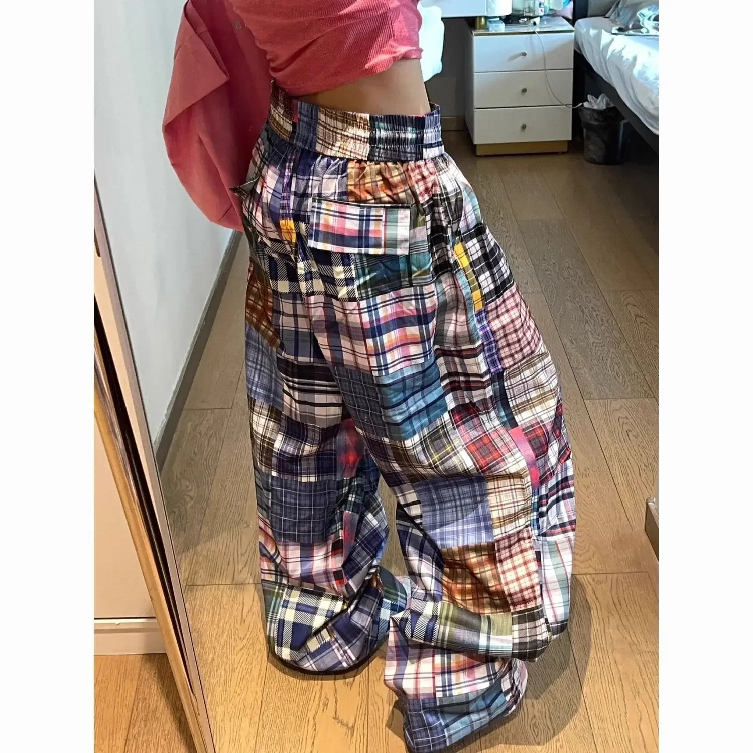 

Autumn new design sense niche American retro color splicing plaid wide-leg pants women's versatile plaid floor pants