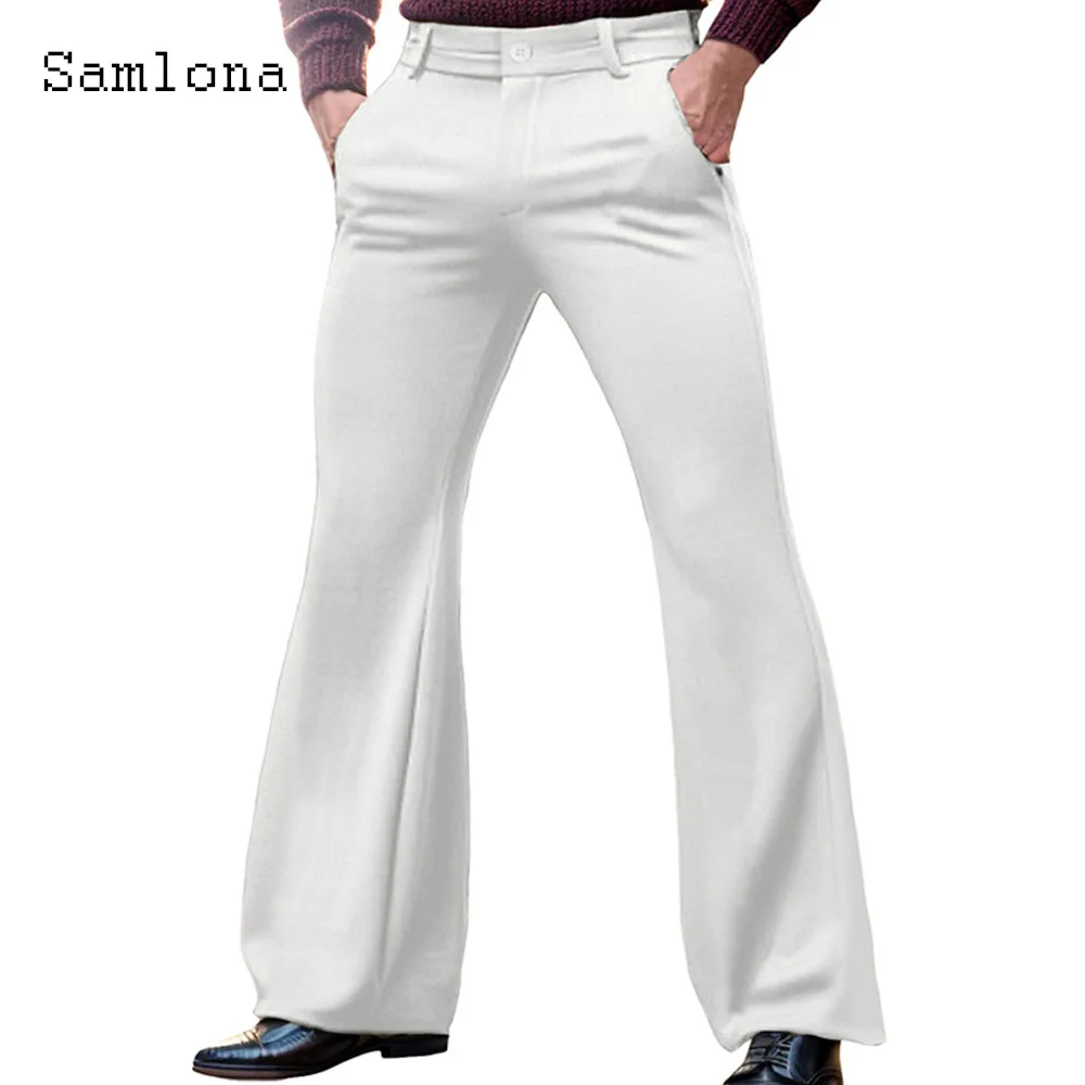 Samlona 2024 Men\'s Stand Pocket Elegant Flare Pants Solid Khaki Basic Stretch Trouser Plus Size Mens Fashion Buttons Up Pants