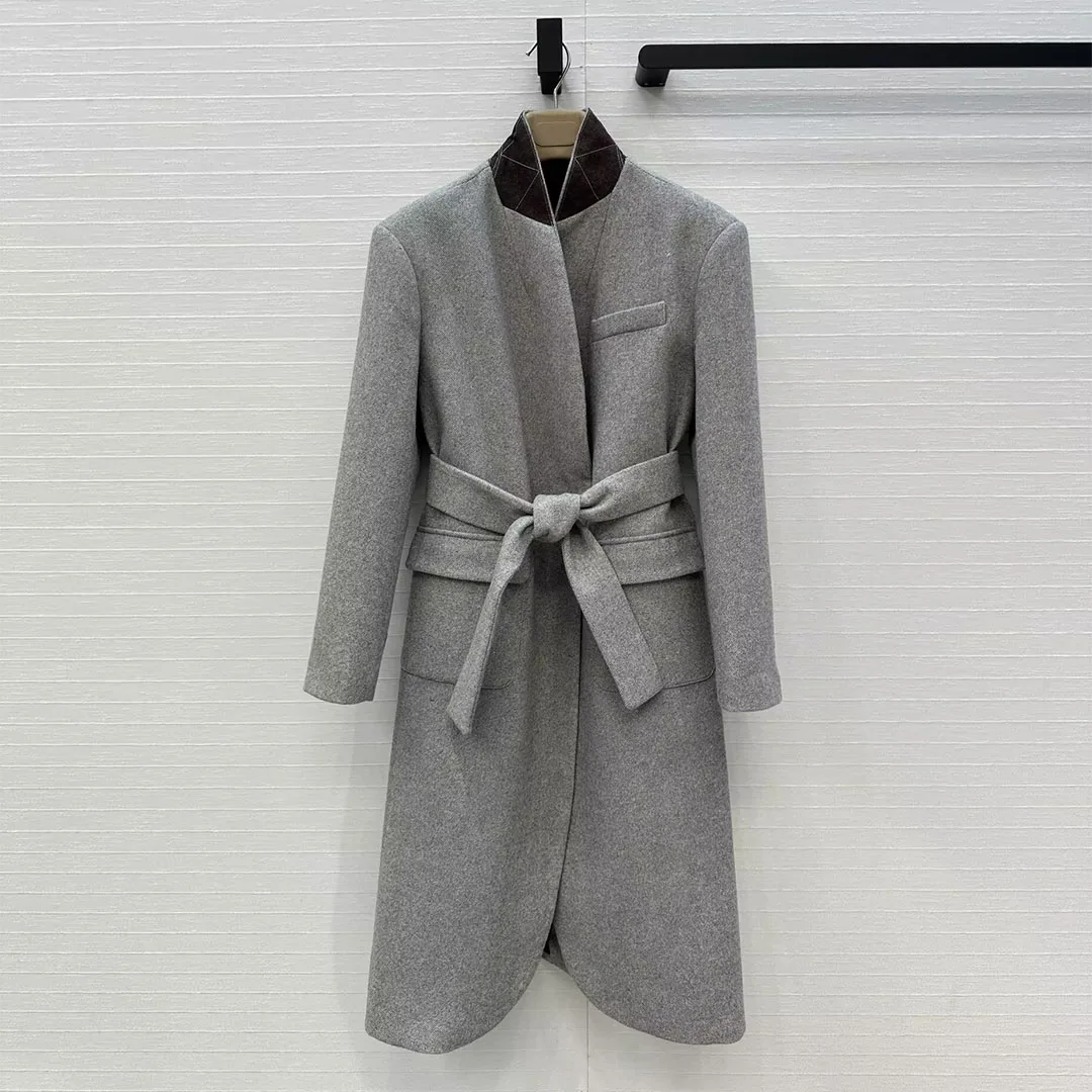 

Old Money Style New Winter Twill Woolen Long Suit Coat Women Spliced Stand Collar Long Sleeve Slim Belt Elegant Fashion Overcoat