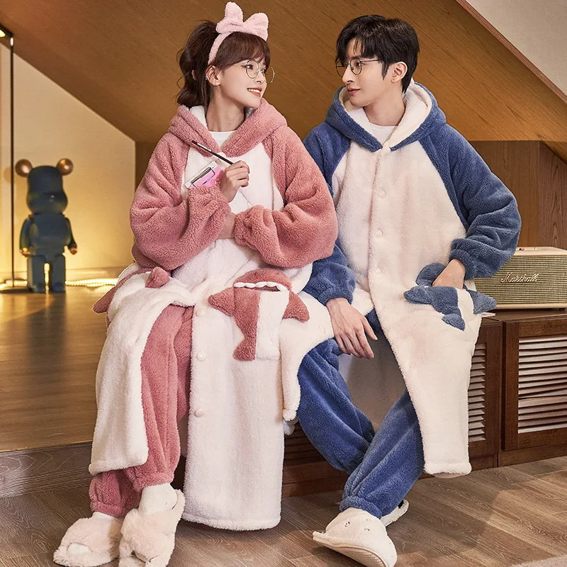 Shark Cartoon Cute Couples Nightgown 2023 New Fashion Flannel Pijamas for Women and Men Thicken Long pant Coral Fleece Sleepwear