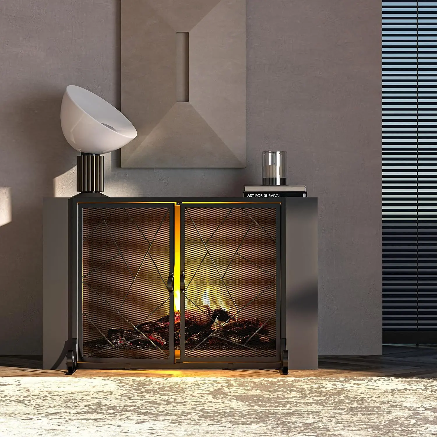 Retro country fireplace screen metal indoor simple protective cover double door wrought iron screen partition