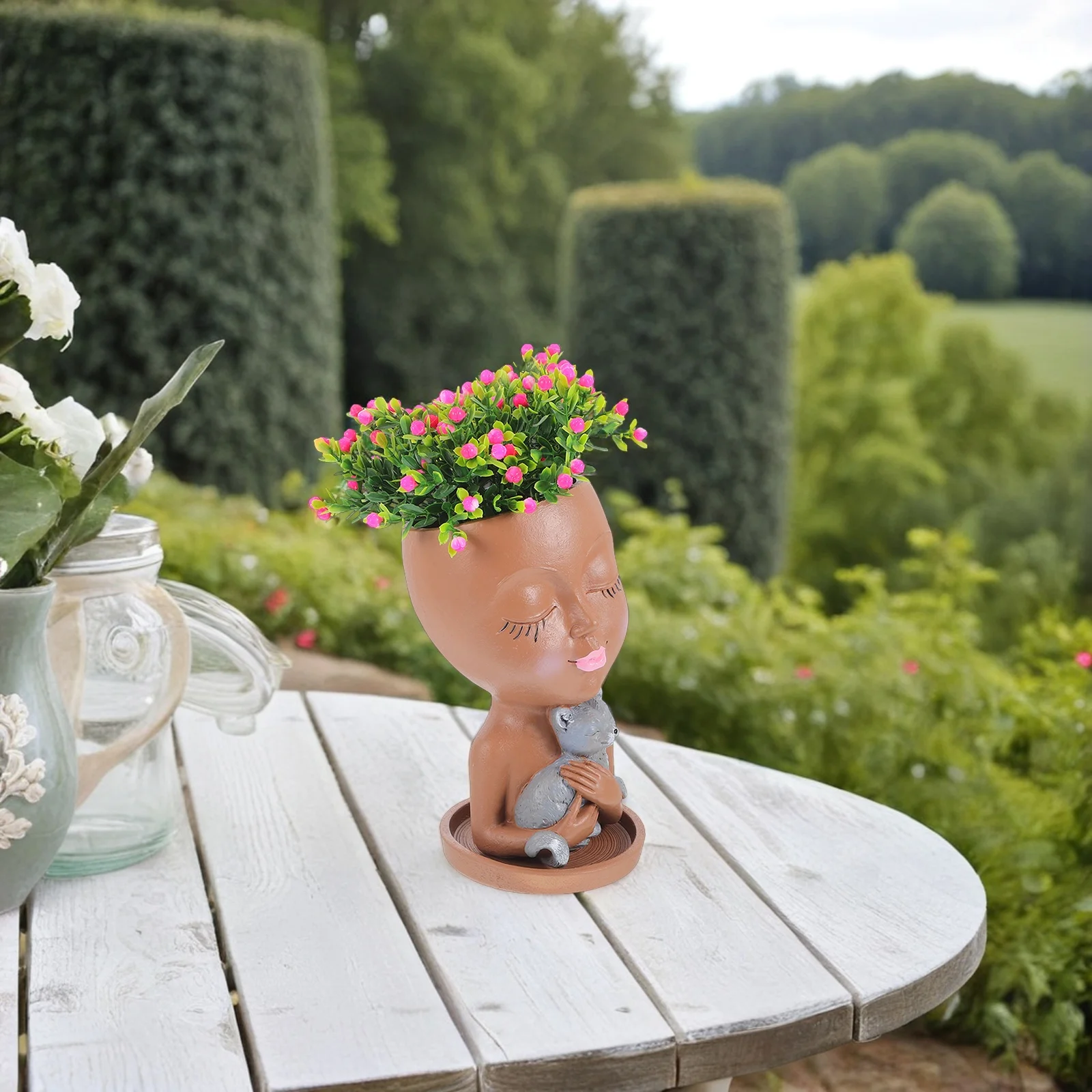 

1pc Face Flower Pot Resin Cat Planter For Indoor Outdoor Plants Succulent Vase With Drainage Hole Handpainted Garden Decor Pots