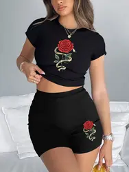 Trend Woman Crop T-Shirts & Shorts Two Pieces Set Red Roses Wrapped In Ribbons Prints Tops Slim O-Neck High Elastic Soft Clothes