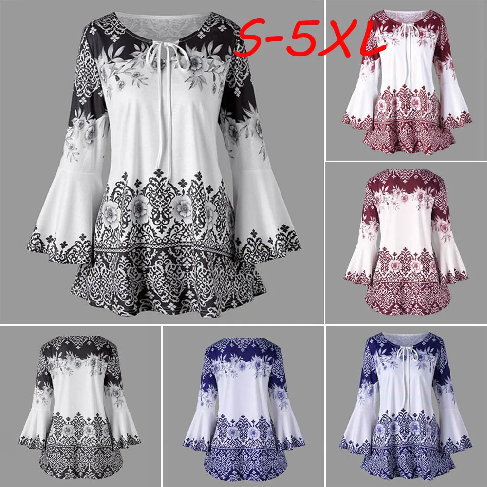 Women\'s Vintage Printed Tunic Blouse 2023 Fashion Oversized  Flare Sleeve Autumn Tops 5XL Plus Size Shirts Blusa Manteau Femme