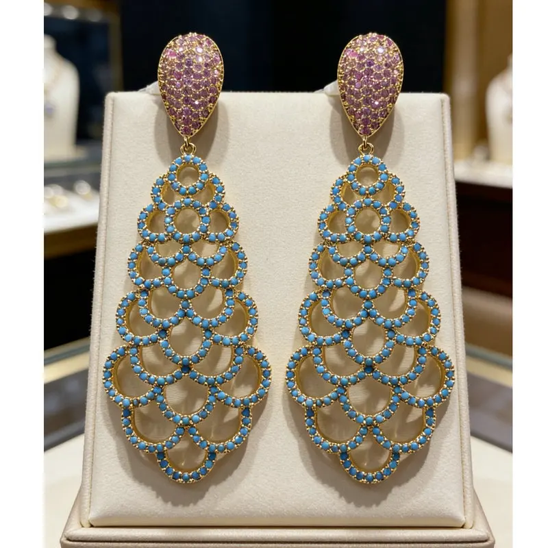 Bilincolor Bohemian Gold Dangle Earrings with Pink and Blue Cubic Zirconia