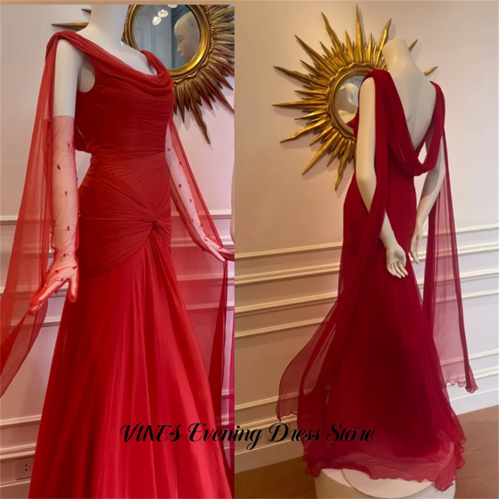 VINES Red Chiffon Evening Dresses Scoop Neck Formal Gown Open Back Night Dresses with Draped Mermaid Prom Dresses Customized image 2