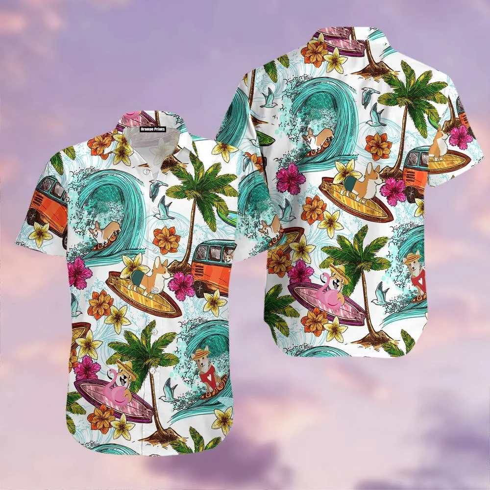 New Hawaii Shirts Kawaii Corgi 3D Print Beach Tops Short Sleeve Button Up Shirts Summer Plus Size for Men And Women