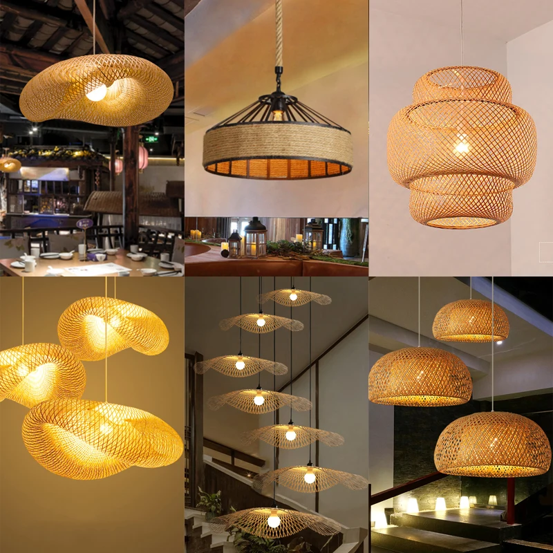 Bamboo Wicker Rattan Lamps Farmhouse Kitchen Island Country Table Decor Lustre E27 Hanging Lamp Hand Woven Bamboo Pendant Light