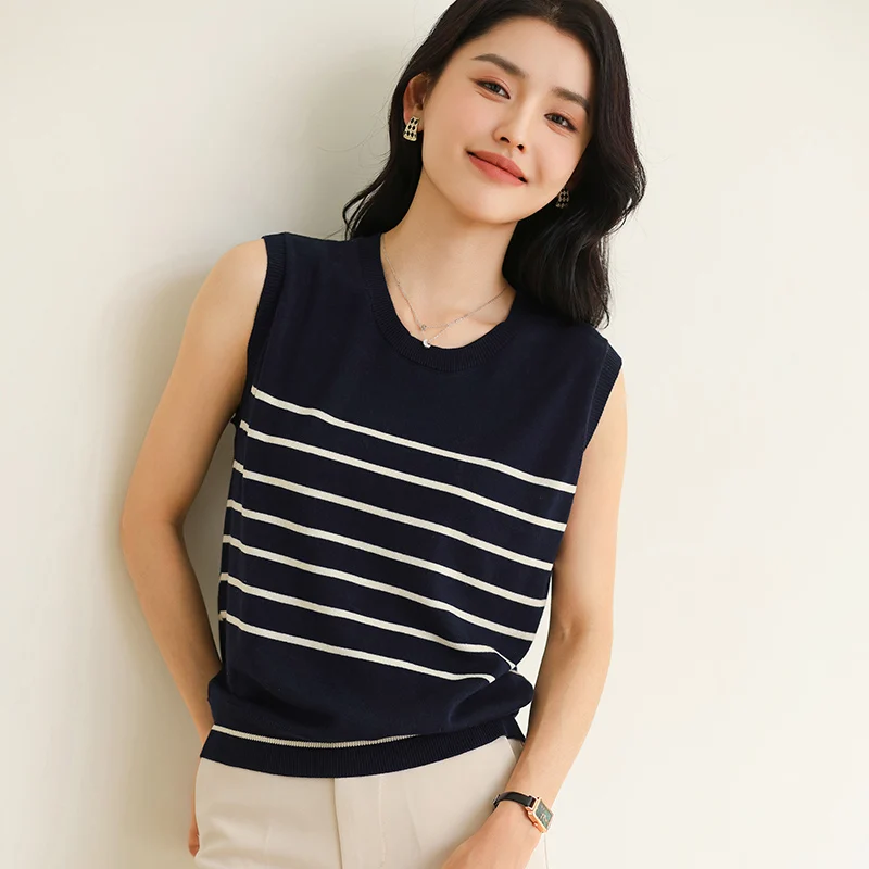 

Summer Women's Sleeveless T-shirt 100% Pure Cotton Casual Striped Knitted Pullover Loose round Neck Tank Top