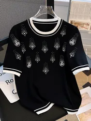 Rhinestones Beaded Ice Silk Tshirt Tops Women Knitted Sweater Knitwear 2024 Summer Short Sleeve O-neck Fashion Loose Tees Jumper