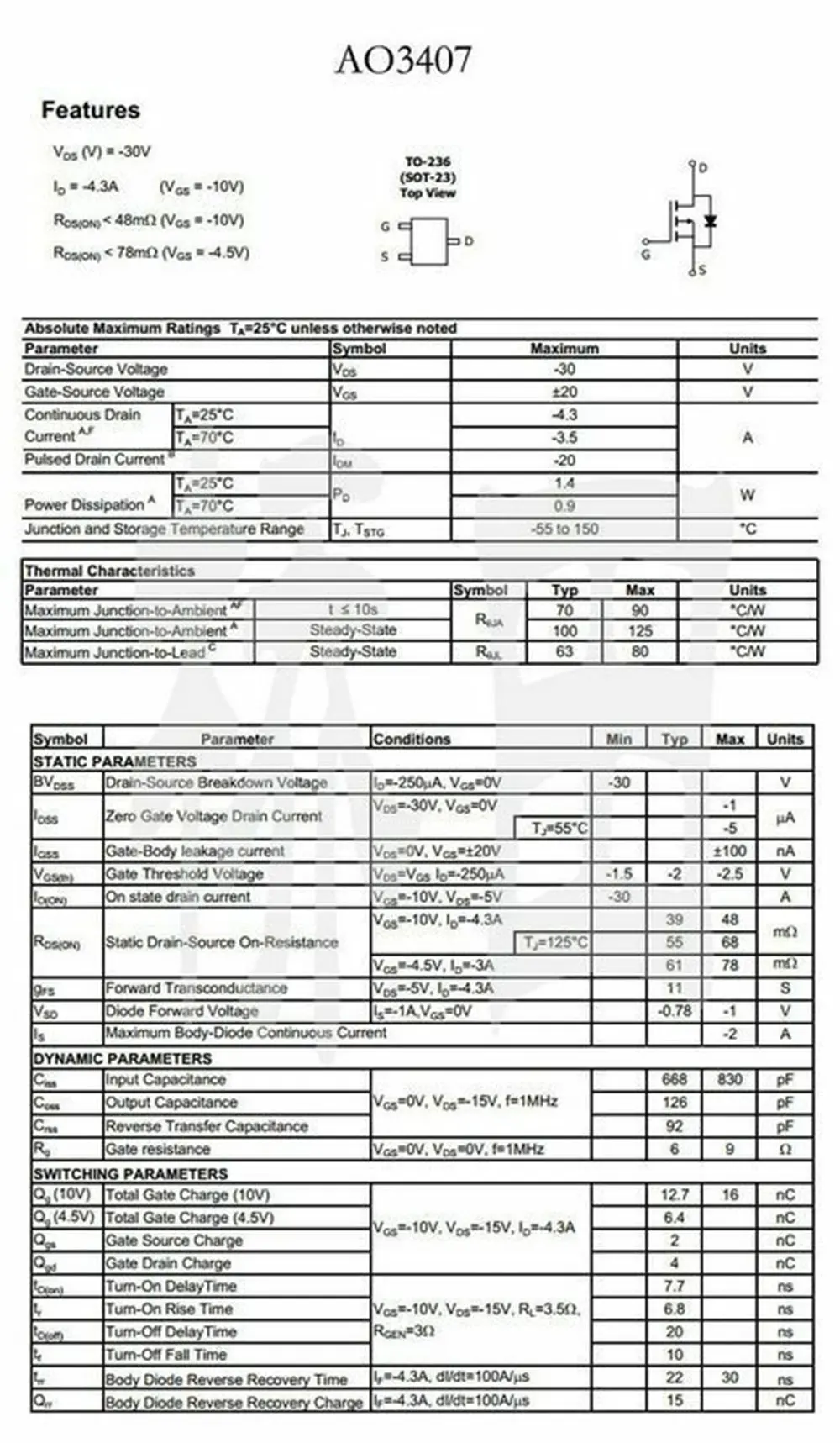 SMD MOS P 채널 MOSFET 트랜지스터, AO3407, A79T, 4.3A, 30V, SOT23, 20 개