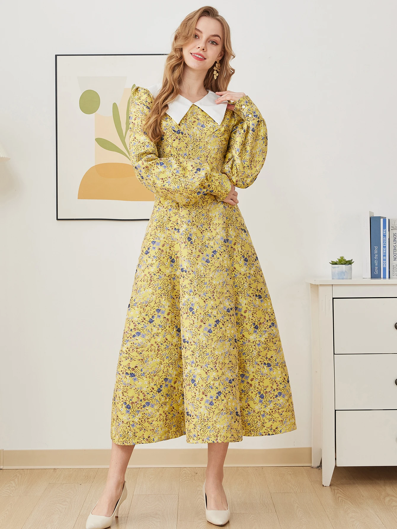 

DEVCHATA Elegant Party Women Long Maxi Dress Fashion Floral Jacquard A-Line Dress Casual Long Sleeve Autumn Evening Vestido