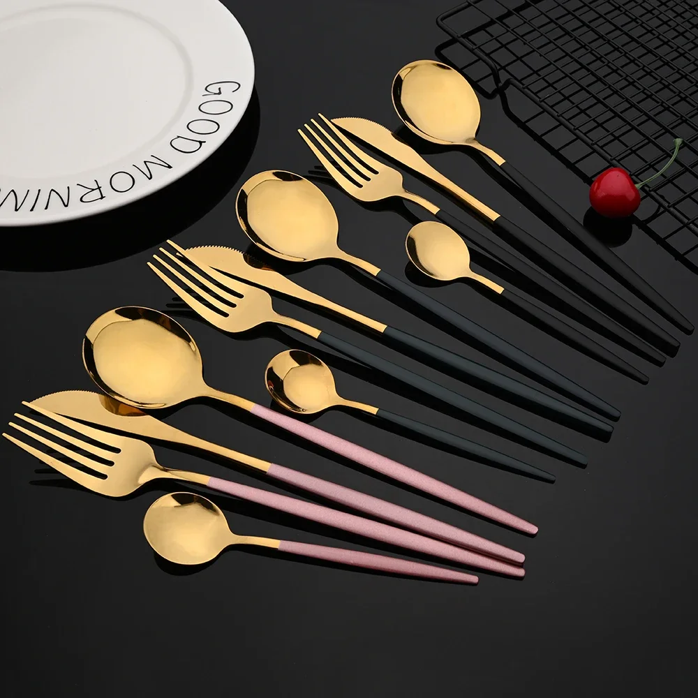 24Pcs Stainless Steel Cutlery Set Pink Gold Tableware Mirror Dinnerware Dinner Spoon Fork Knife Western Silverware Flatware Set