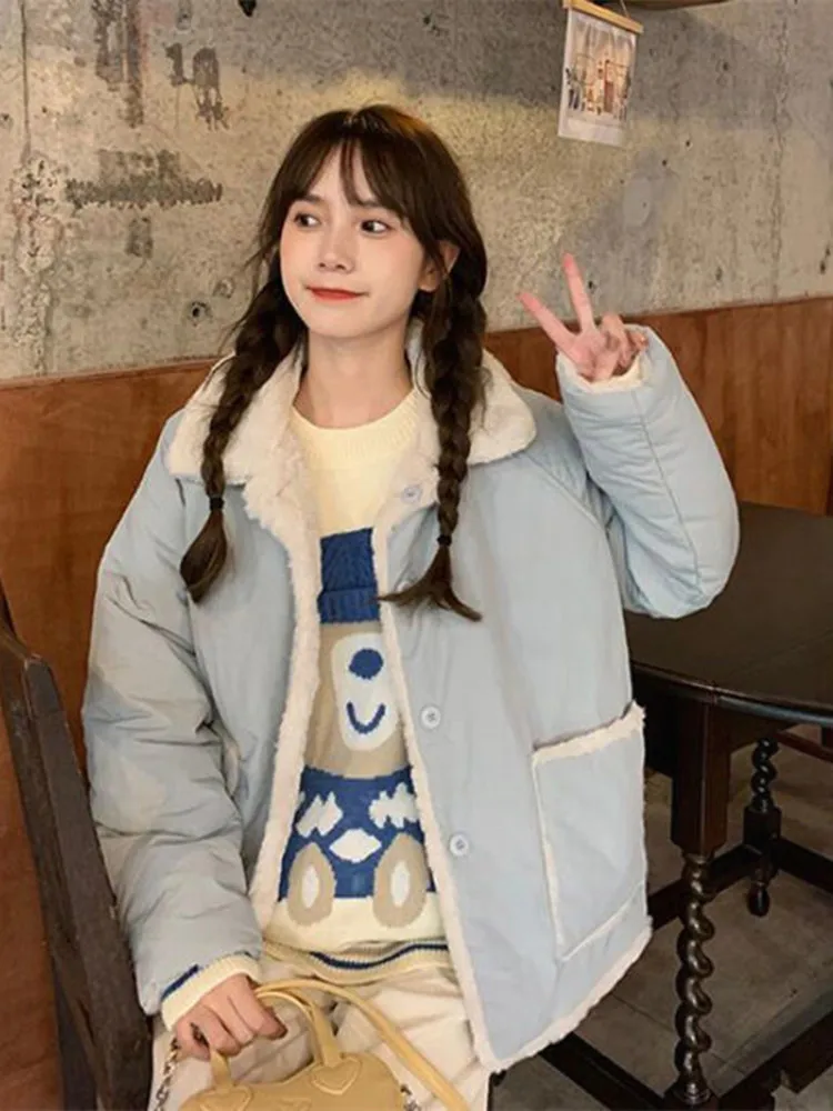 

Пушистое синее женское зимнее пальто из флиса в корейском стиле, утепленное, свободного кроя, из хлопка, теплое, для повседневной носки, однотонное, с деталями на рукавах