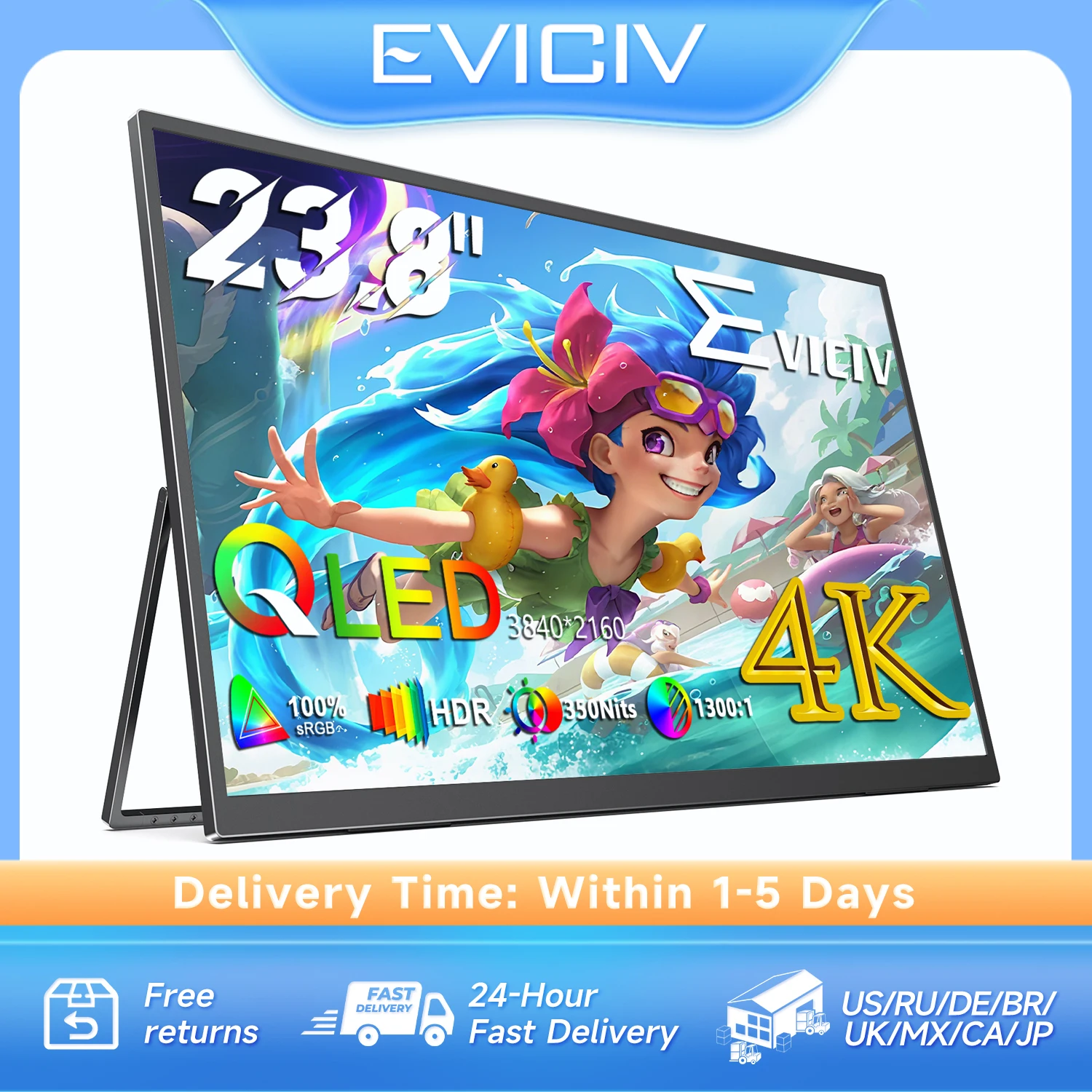 

Eviciv 23,8-дюймовый портативный монитор 4K 3840*2160 100% DCI-P3 QLED внешний экран для ноутбука с HDMI Type-C компьютерный ПК дисплей