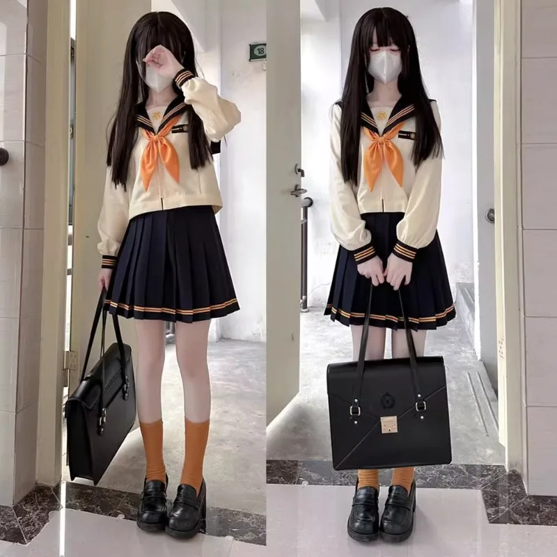 New Japanese JK Uniform Preppy Style Sailor Collar Beige Blue Color Matching Long Short Sleeves Top Pleated Skirt Suit For Girls