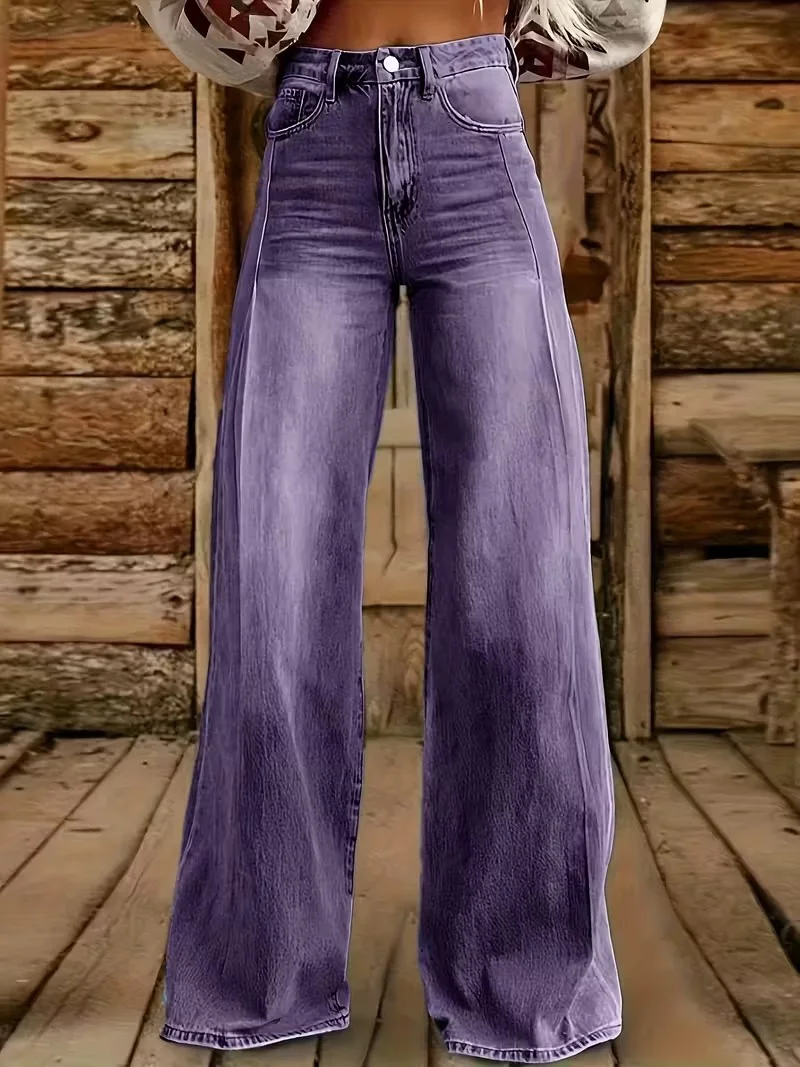  Women's Fashion Casual Wide Leg Denim Jeans Washed Elastic Denim Versatile Wide Leg Pants Loose Fit Versatile Simple Stylish 