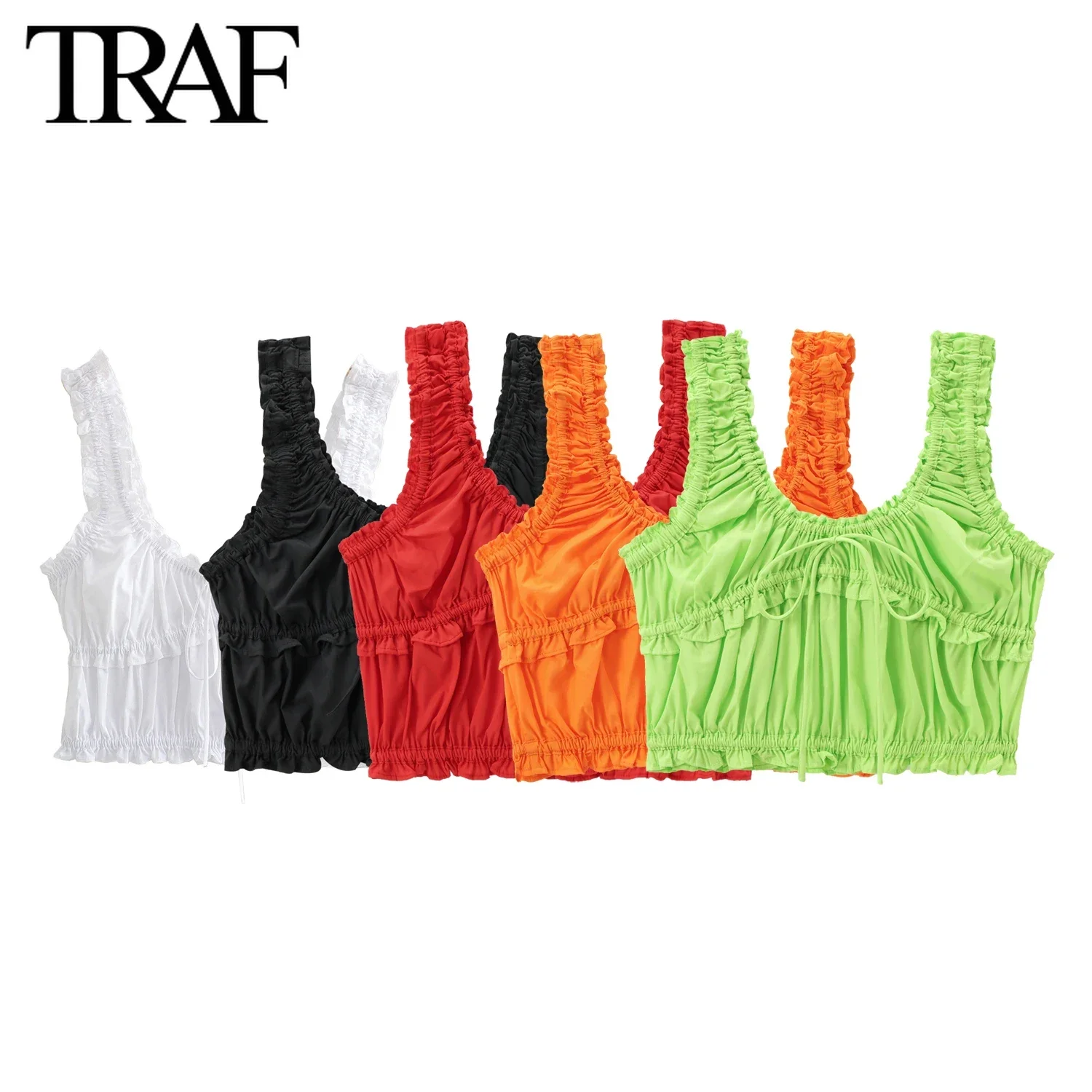 TRAF Women Fashion Summer New Pleated Ruffled Edge Lace Up Bow Poplin Top Blouse Street Clothing Vest Tank Chic Ladies Crop Tops