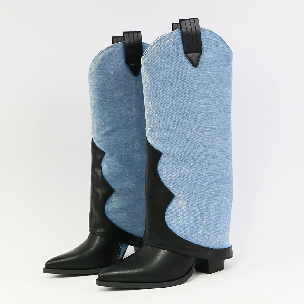 

Новинка 2023 года, женские джинсовые лоскутные кожаные ковбойские сапоги в стиле вестерн, модные уличные ботинки до середины икры на массивном каблуке с острым носком