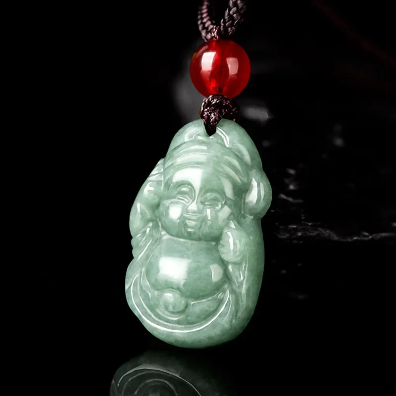 

Mai Chuang/ Hand-carved/ Natural JadeA God of Wealth Baby Emerald Necklace Pendant Lucky Men and Women Couple Fine Jewelry Gift