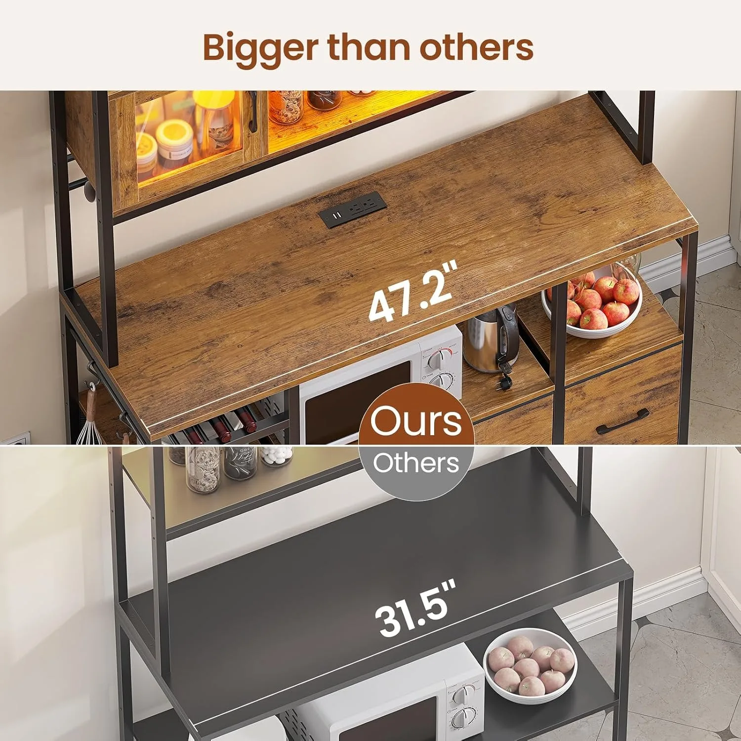 Rack with Power Outlet and LED Light, 47.2'' Microwave Stand with Storage, Kitchen Coffee Bar Cabinet with Glass Door, 4 Drawer, Wine Rack, Goblet Holder and 12 Hooks, Rustic Brown view 6