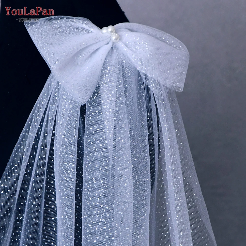 YouLaPan G34 Sparking Bridal Wings Veil with Bow 2PC Wedding Shoulder Veil Removable Sleeves Shrugs for Women Summer Elegant DIY