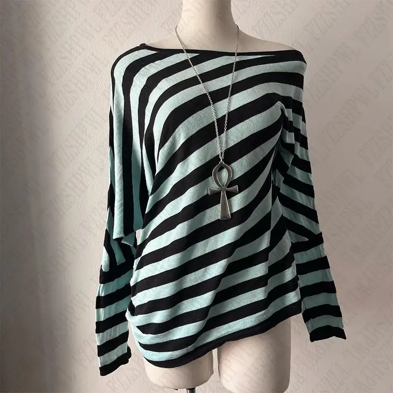Y2k-top de manga larga a rayas con hombros descubiertos para mujer, camiseta Vintage gótica de Hip Hop, ropa de calle informal, ropa de niña EMO