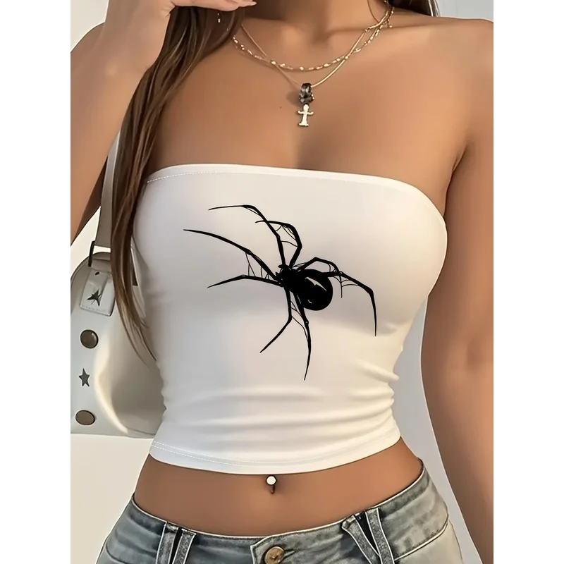 Dark Spider Print Plunging Short Sleeve See-Through Tight Strapless Top
