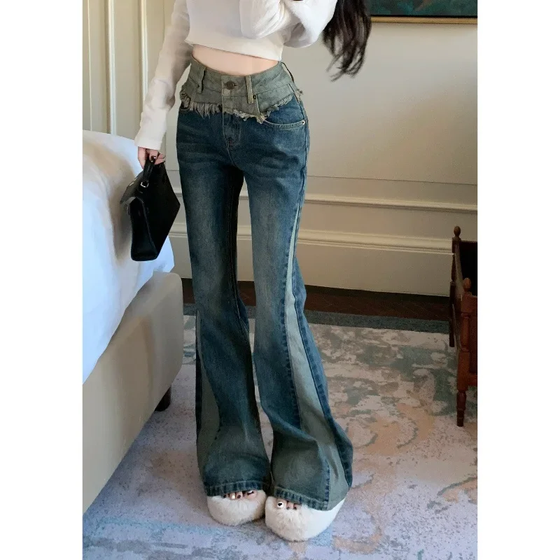 High-Waisted Color Blocking Patchwork Fringe Jeans Women's Loose-Fit Wide-Leg Bootcut Pants Spring Vintage Trousers