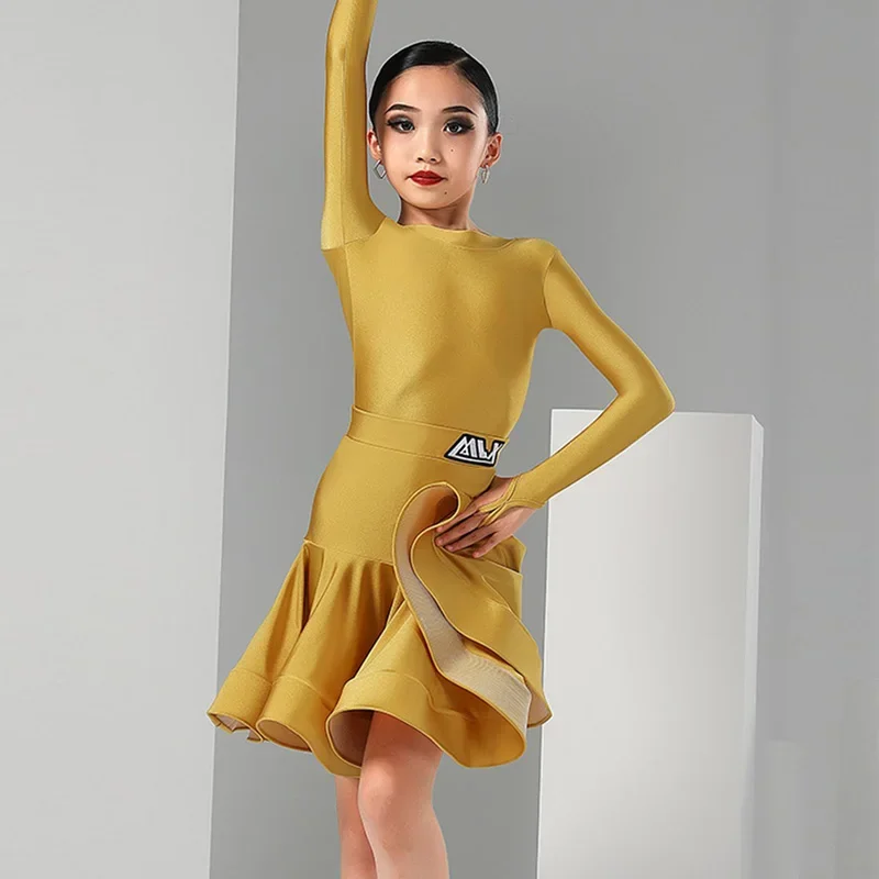 فستان ذهبي لاتيني للمنافسة للأطفال بأكمام طويلة بدلة رقص تنورة للفتيات تشا تشا رومبا ملابس المسرح ملابس الرقص اللاتينية 1438 #3