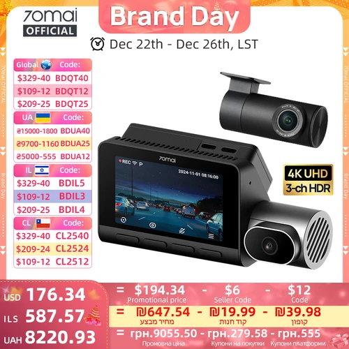 70mai T800 3 canales HDR coche DVR delantero 4K + trasero 4K/1080P + Interior 1080P Control de voz supercondensador GPS ADAS soporte 4G Wifi 6