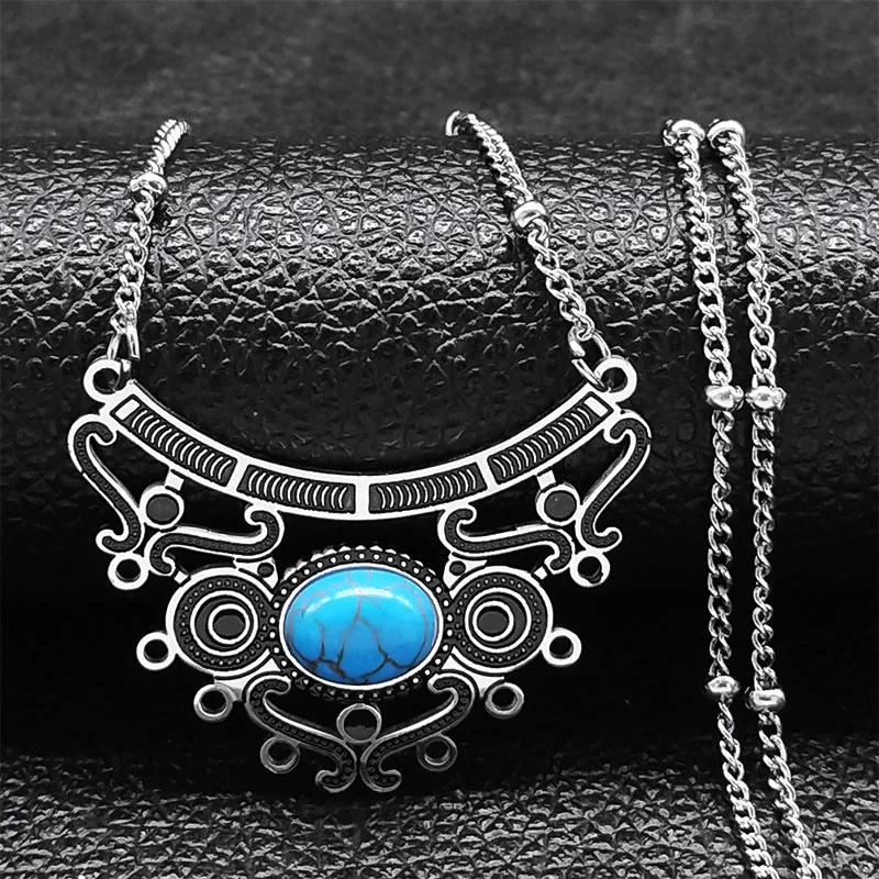 Aesthetic Ethnic Boho Flower Shape Necklaces for Women Stainless Steel Bohemia Blue Stone Hollow Choker Necklaces Jewelry N7946S