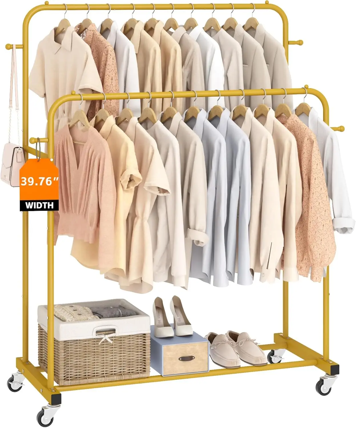 

Double Rods Garment Rack with Wheels, Clothing Rack for Hanging Clothes,4 Hooks, Multi-functional Bedroom Clothes Rack, Gold