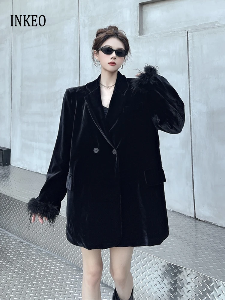 

Streetwear Women's feather long sleeve blazer 2026 Spring Velvet Notched collar jacket Oversize Design coat INKEO 5O121
