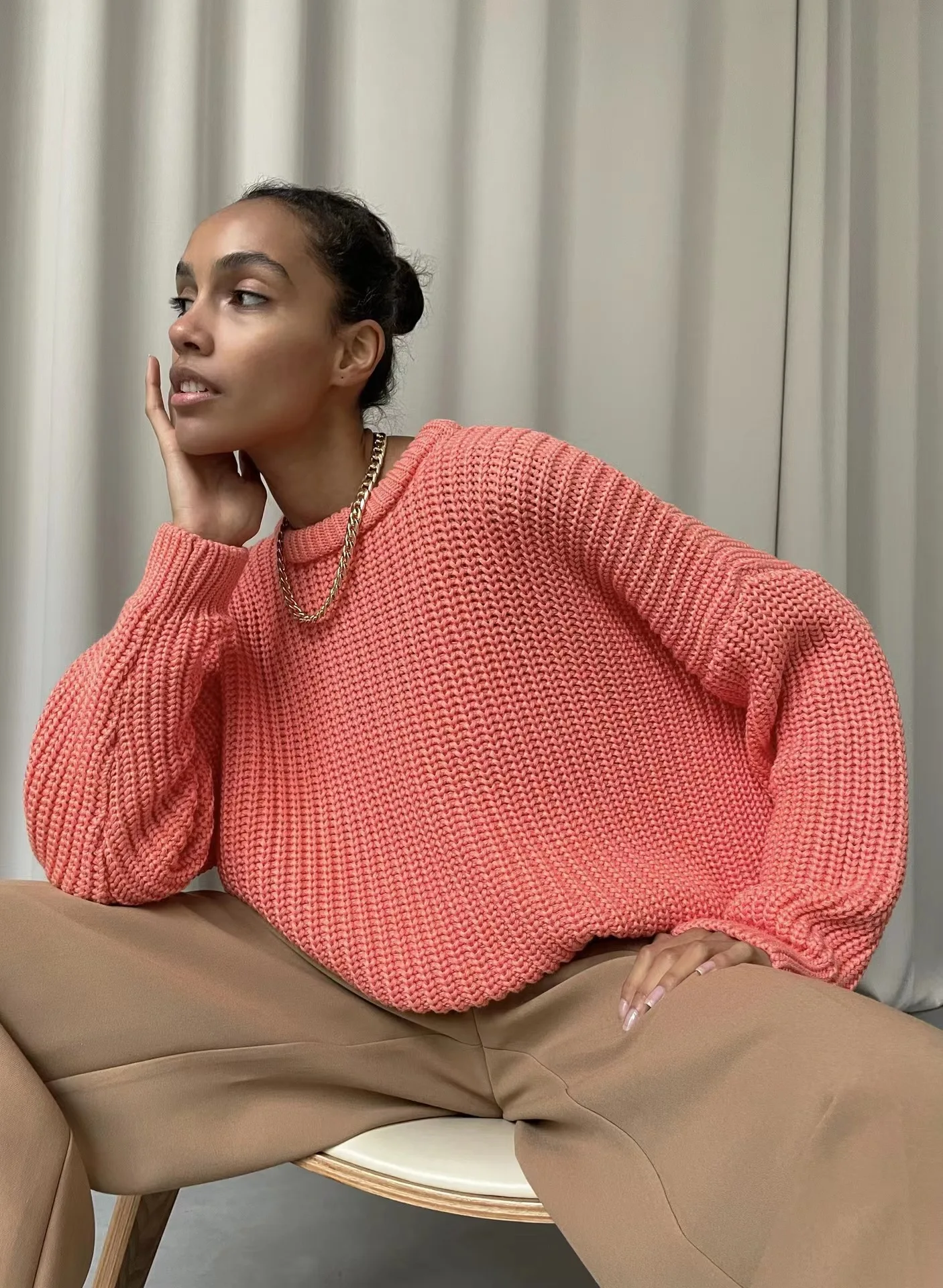 Suéter suelto Ne para mujer, jersey redondo Ne para perezosos de otoño, prendas de punto largas Sve, capas de moda para ir al trabajo, Color puro