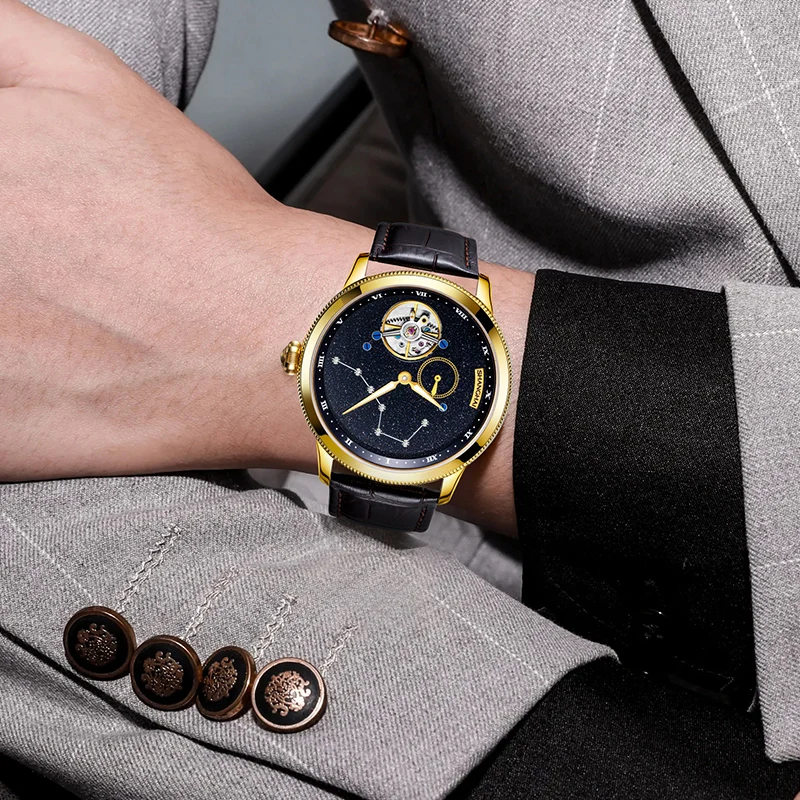 Reloj Tourbillon Shanghai, reloj mecánico para hombre, reloj mecánico de cuerda Manual, correa de cuero genuino, calendario, reloj de zafiro