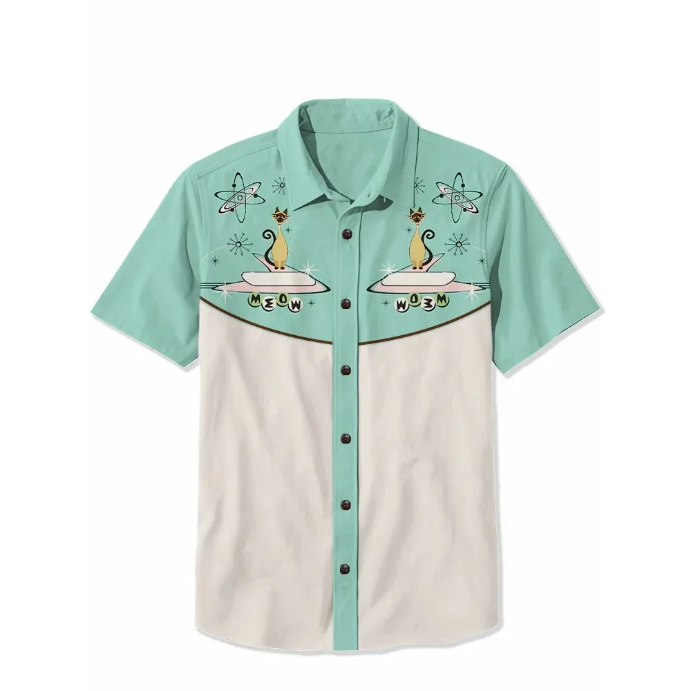 Camisas 100% de algodón con nave espacial atómica de los años 50, camisa hawaiana Retro de pesca para hombre, camisa con botones de manga corta de verano, Tops tropicales