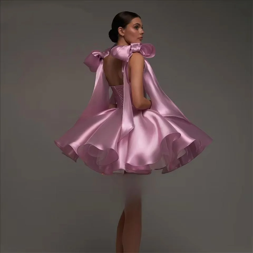 

Satin Short Dress Prom Dresses Sweetheart Pink Chic Evening Dresses with Voluminous Skirt and Bows Customized