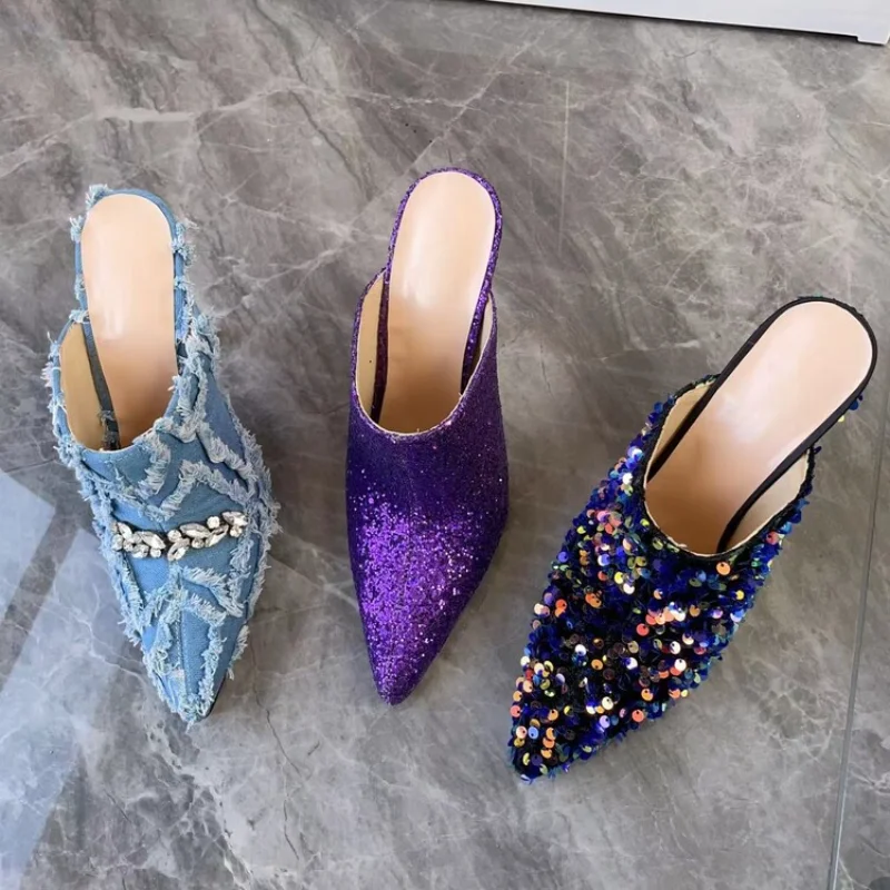 Brand Denim High Heeled Slippers Fashion Rhinestone Pointed Sexy Super High Heeled Sandals European and American Sequin Slippers