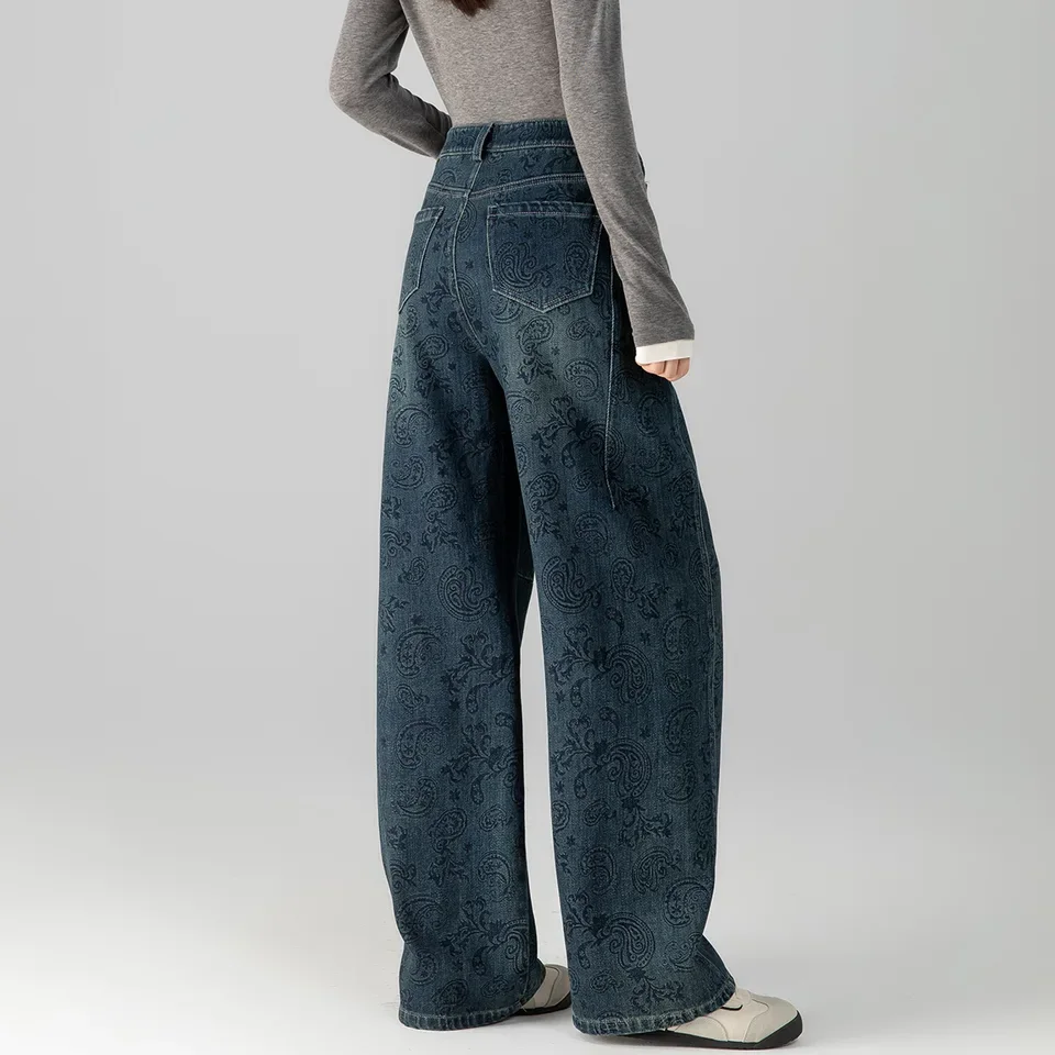 Vintage Neue Mode Amerikanischen Stil frauen Gedruckt Casual Trendy Lose Breite Bein Gerade Denim Hosen Weibliche Hohe Taille Jeans
